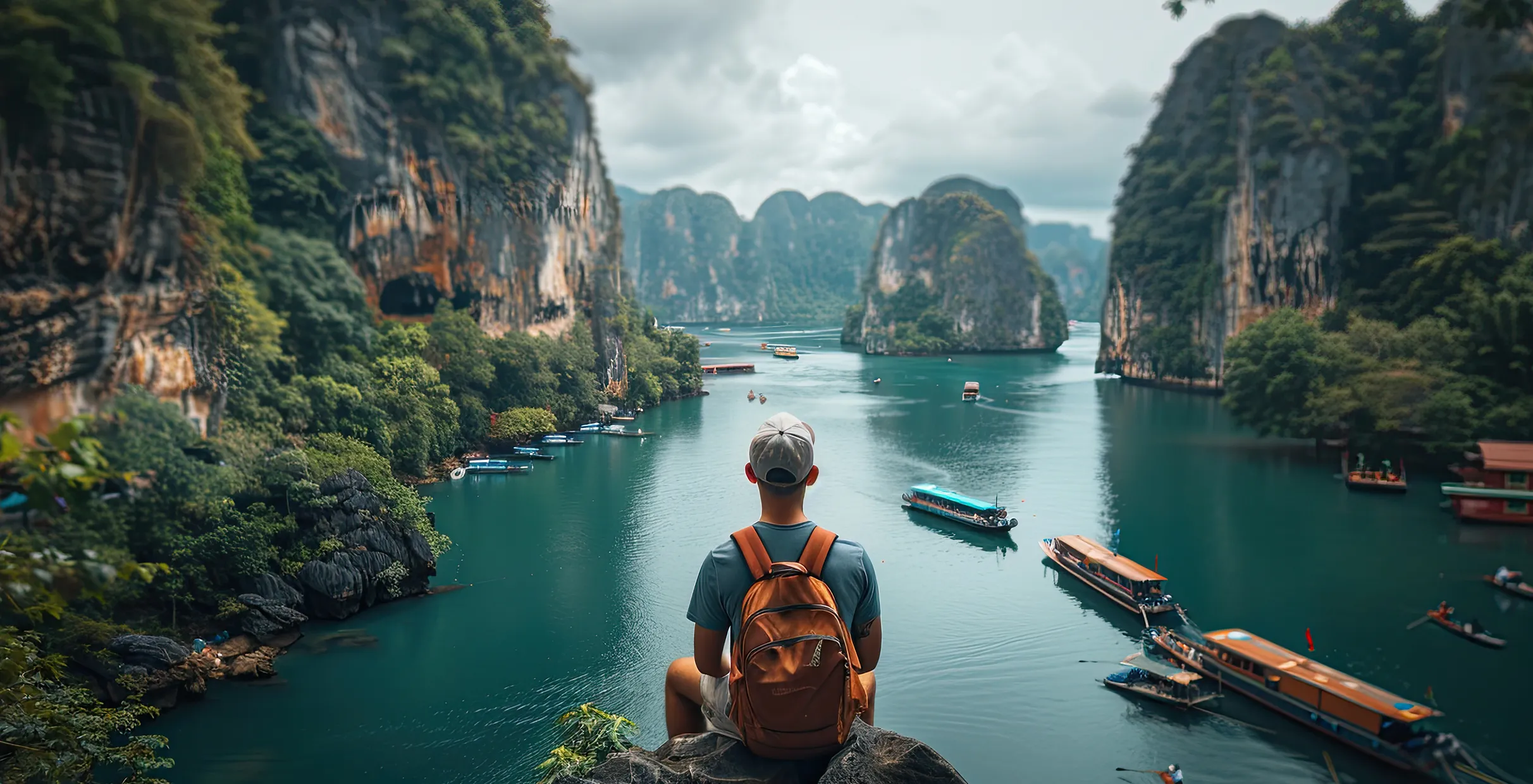 Traveler looking at scenic bay